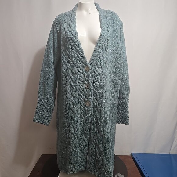 Islander Long Cardigan Duster Womens Size XXL Green Cable Knit Dublin Ireland - Picture 1 of 11